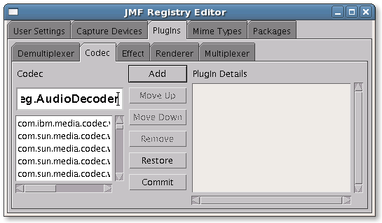 JMFregistry - Codec-Einstellungen