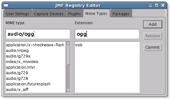 JMFregistry - Mime-Einstellungen